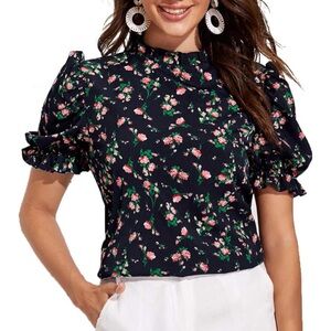 Floral Ruffle Sleeve Top - Black and Pink